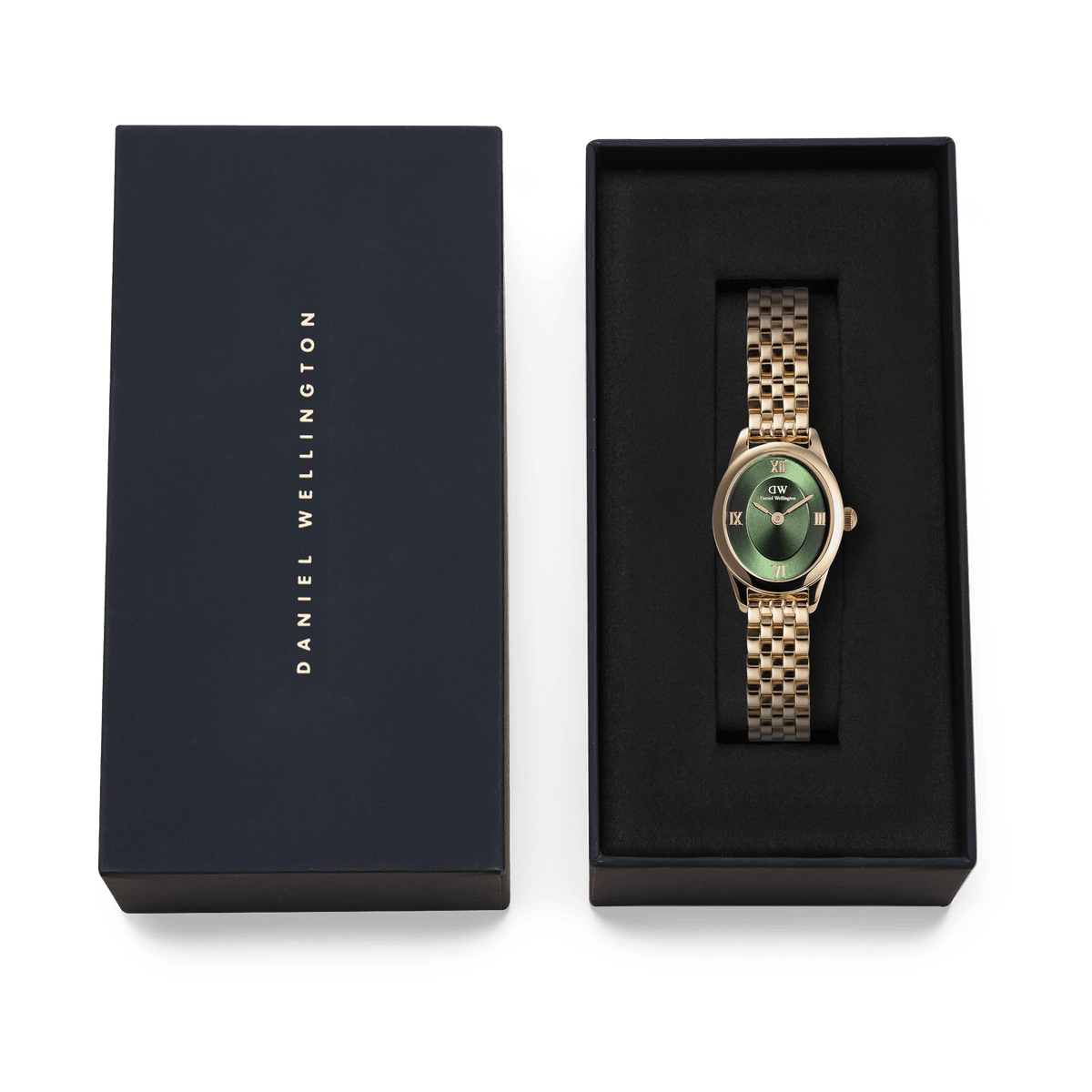 The Daniel Wellington Ophelia Mini Emerald Gold with a gold-coloured stainless steel bracelet and green dial is elegantly presented in a black gift box.