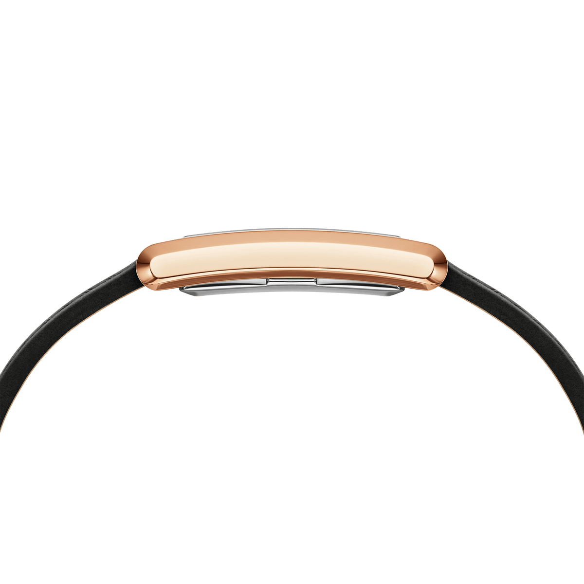 Side view of the slim, rectangular case of the Bound Black Crocodile Rose Gold ladies' watch with rose gold finish and black leather strap.