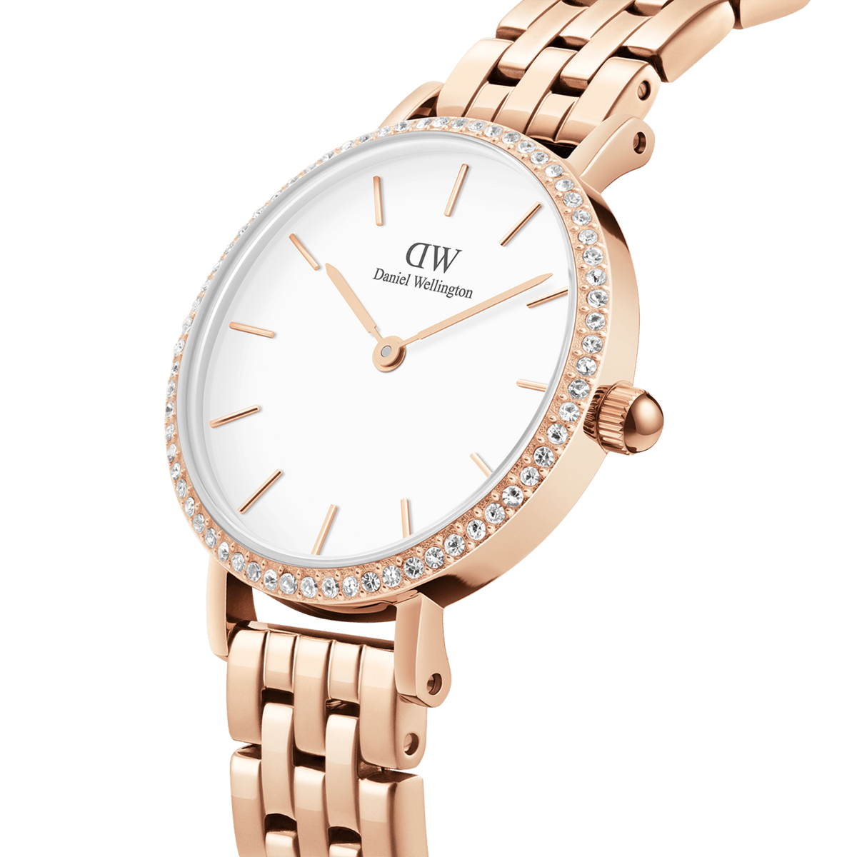 Close-up view of the Petite Lumine Bezel 5-Link Melrose women's watch in rose gold with a sparkling, stone-set bezel, white dial and elegant 5-link stainless steel bracelet.