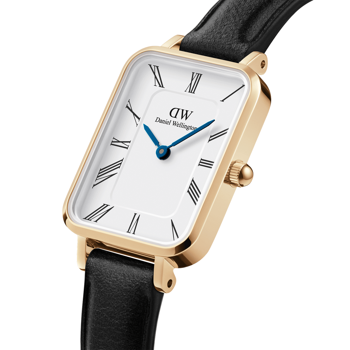 Close-up view of the Quadro Roman Numerals Sheffield Gold with a rectangular gold-coloured case, white dial, Roman numerals, blue hands and a black leather strap.