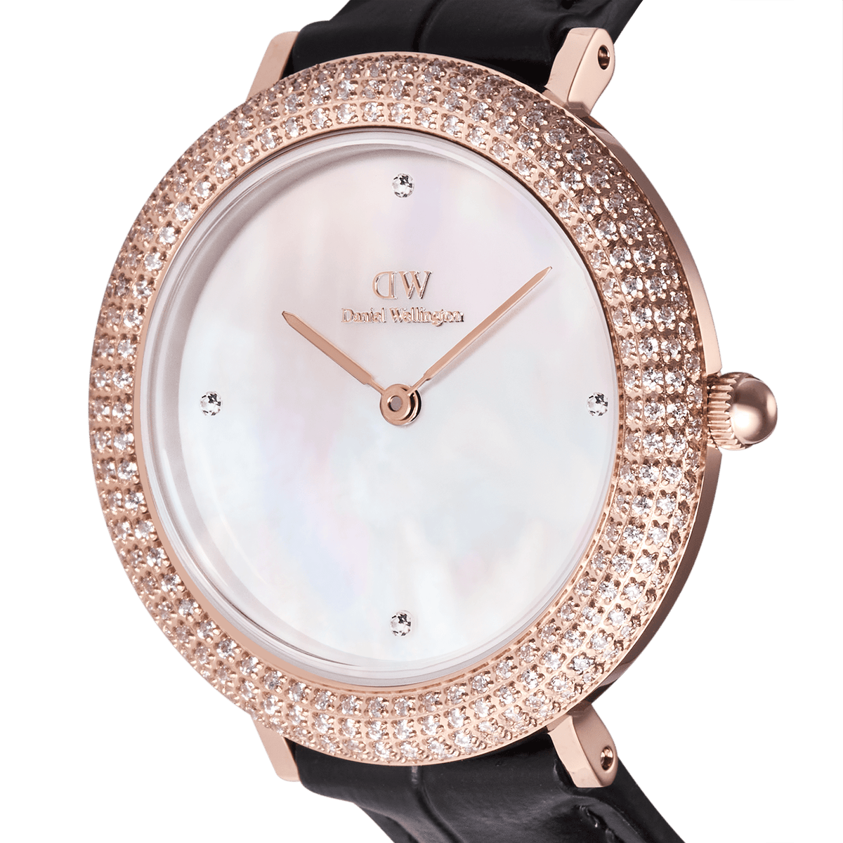 Close-up view of the Crystalline Bezel Black Croc Rose Gold ladies' watch with sparkling zirconia bezel, white mother-of-pearl dial, and rose gold case.