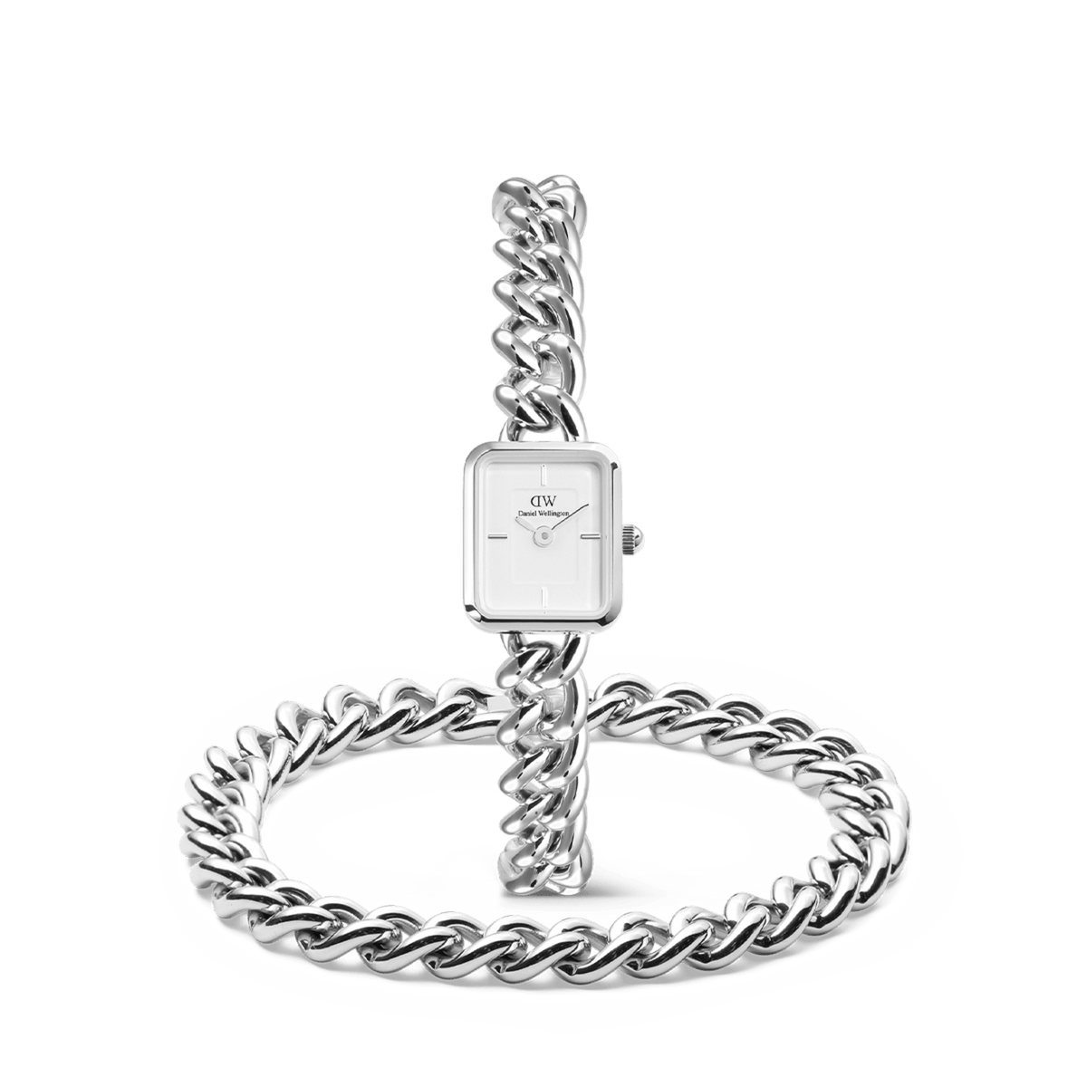 Silver jewellery set consisting of a square watch with a white dial and a solid link chain, as well as a matching bracelet made of polished stainless steel.