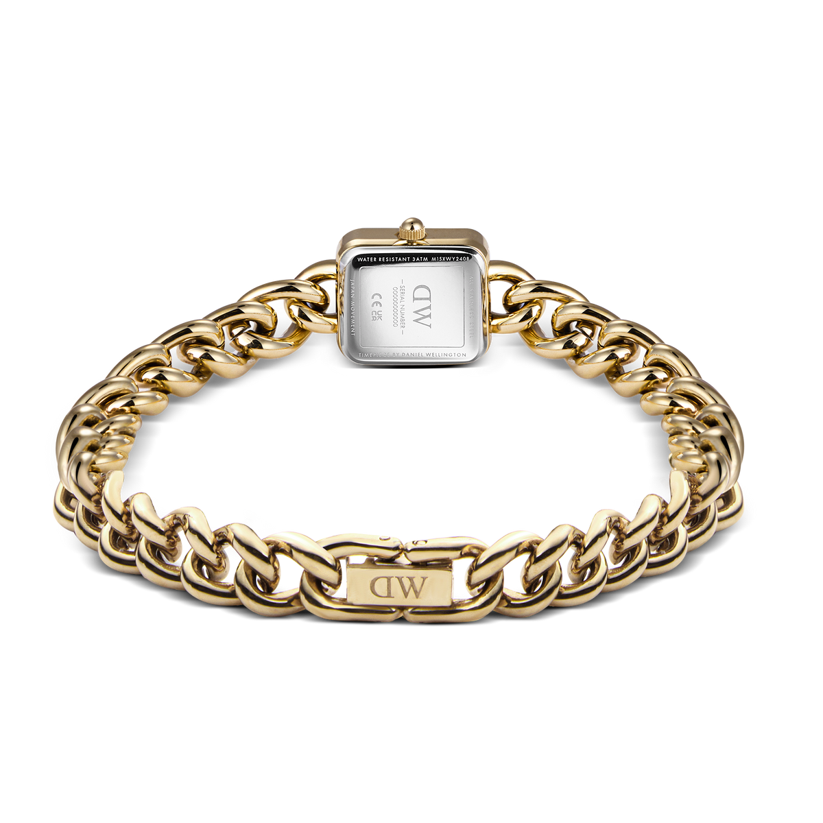 Rear view of the gold women's watch Jolie Chain Gold with a solid chain bracelet, visible DW logo on the clasp and case back.