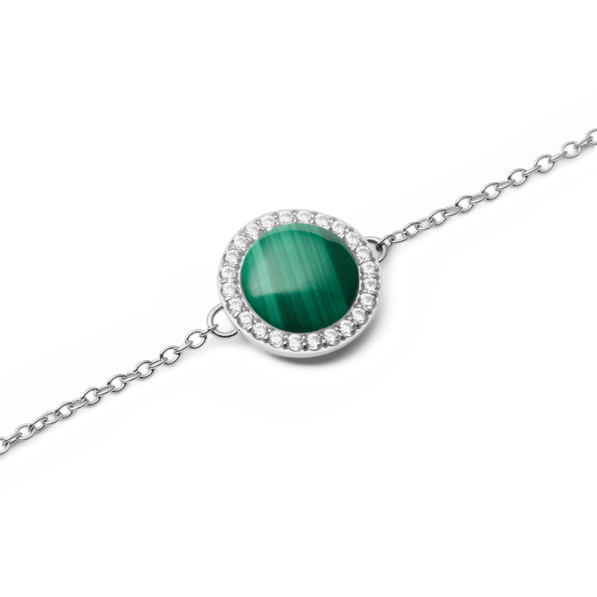 Close-up view of the Audrey Bracelet Malachite Silver with a round green malachite stone, surrounded by white cubic zirconia crystals on a delicate silver chain.