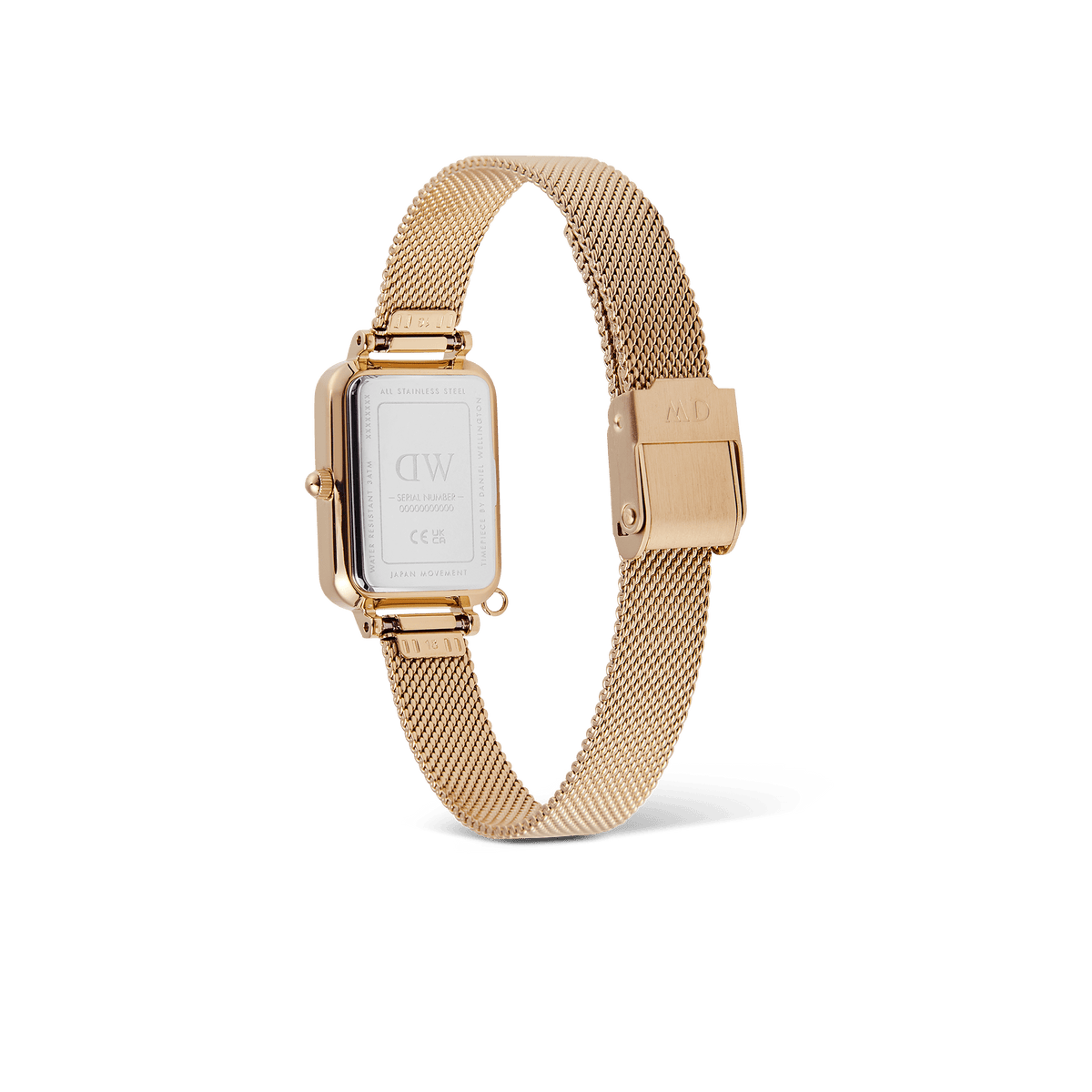 Rear view of the Quadro Crystal Zodiac Evergold women's watch with gold-coloured mesh strap, secure clasp, and high-quality stainless steel case.