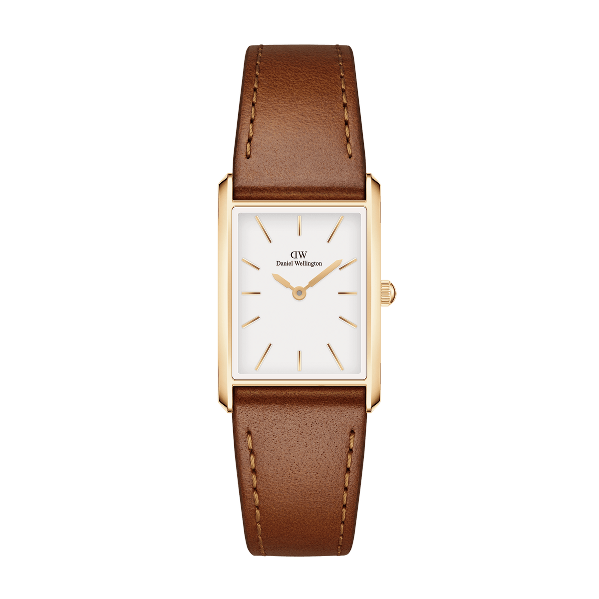Elegant ladies' watch with a rectangular gold-coloured case, white dial, and fine light brown leather strap with crocodile embossing.
