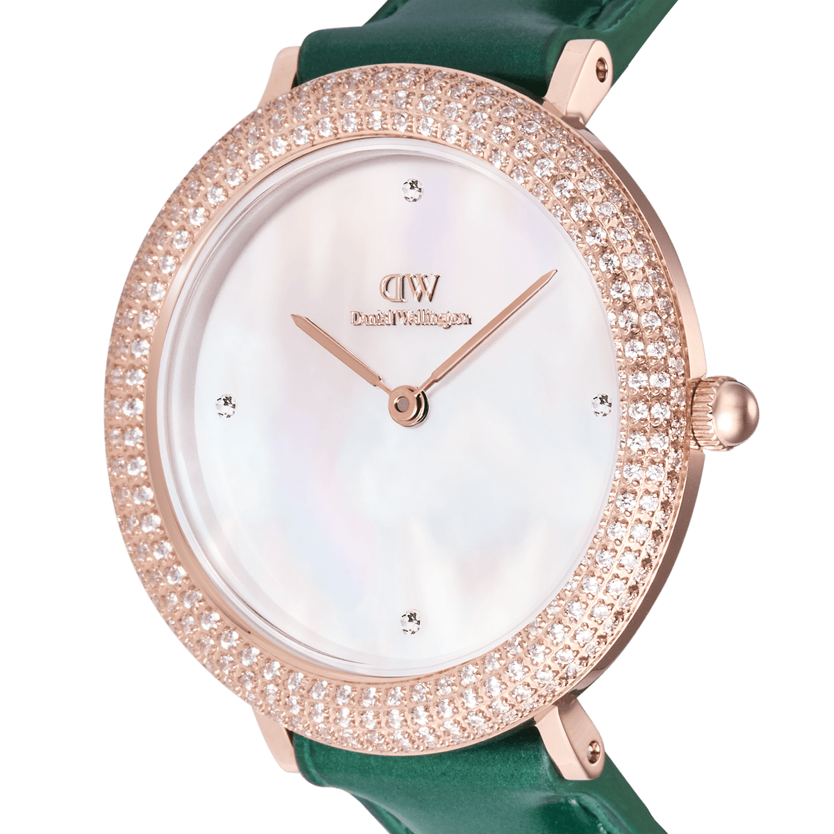 Close-up view of the Crystalline Bezel Green Croc Rose Gold ladies' watch with sparkling zirconia bezel, white mother-of-pearl dial and green leather strap.