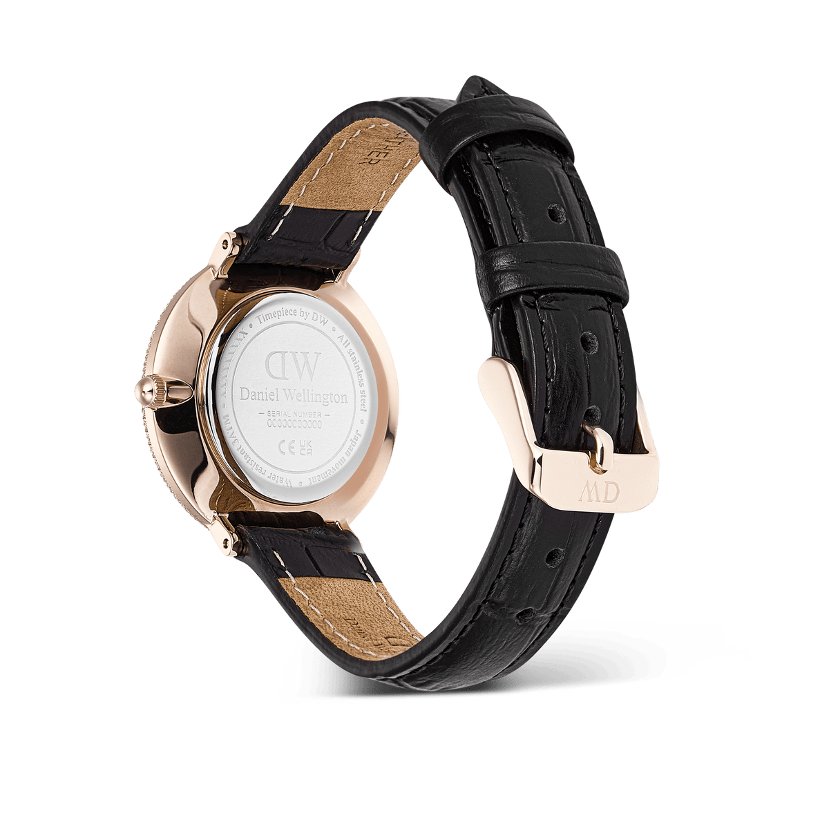 Rear view of the Crystalline Bezel Black Croc Rose Gold ladies' watch with engraved case back, rose gold pin buckle, and black leather strap with crocodile embossing.