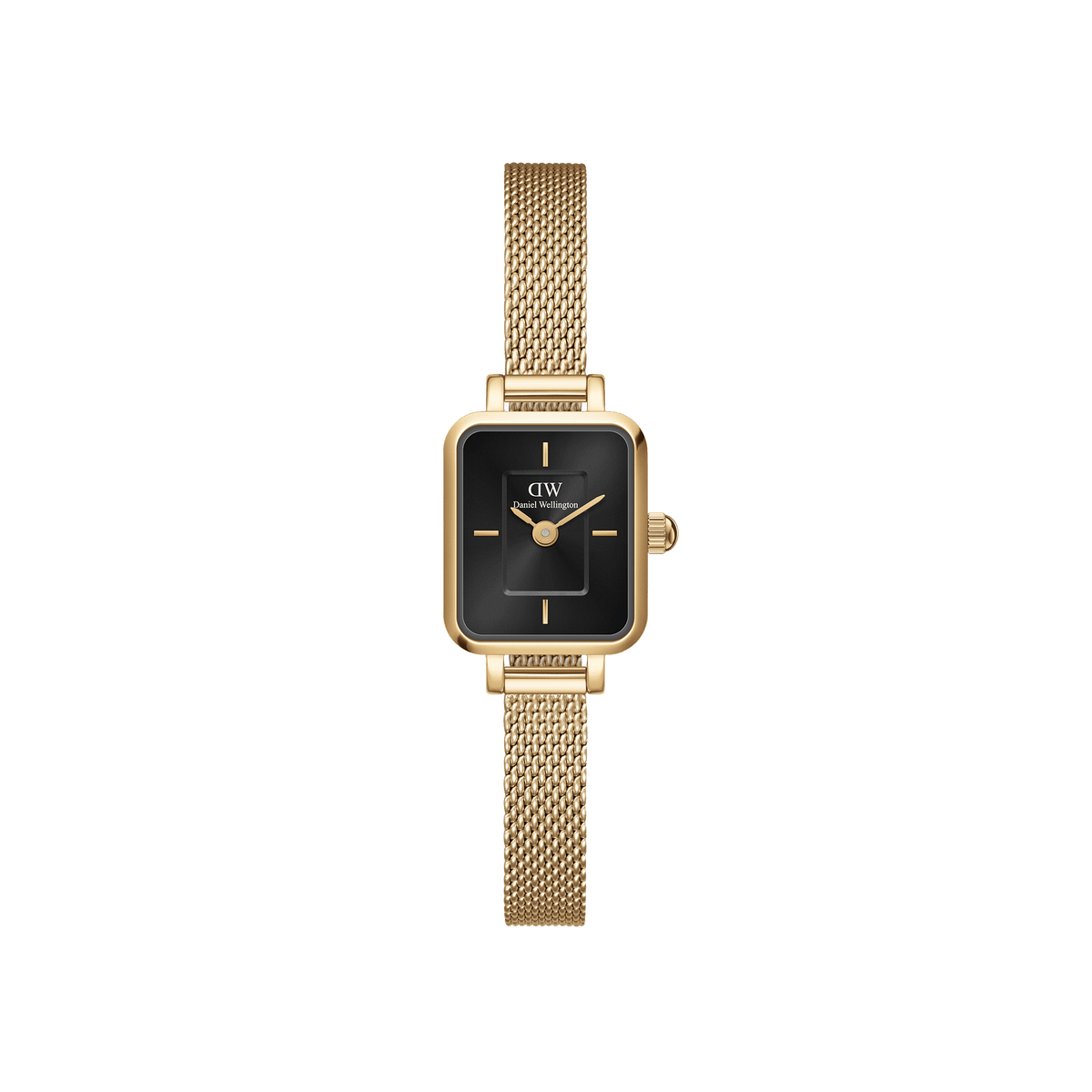 Rectangular gold ladies' watch with black onyx dial, minimalist indices and fine stainless steel mesh strap.