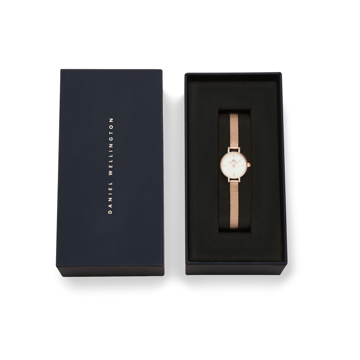 Petite Mini Melrose women's watch with rose gold mesh strap and white dial, elegantly presented in a black Daniel Wellington gift box.