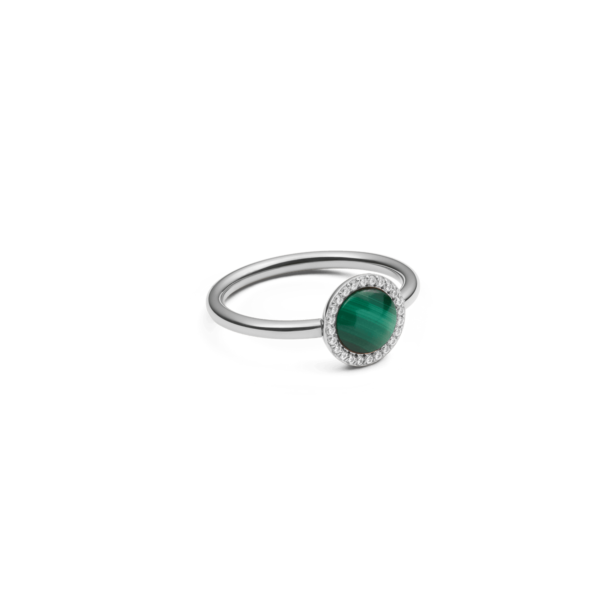 Elegant silver ring made of stainless steel with a round green malachite and a delicate border of white cubic zirconia crystals.