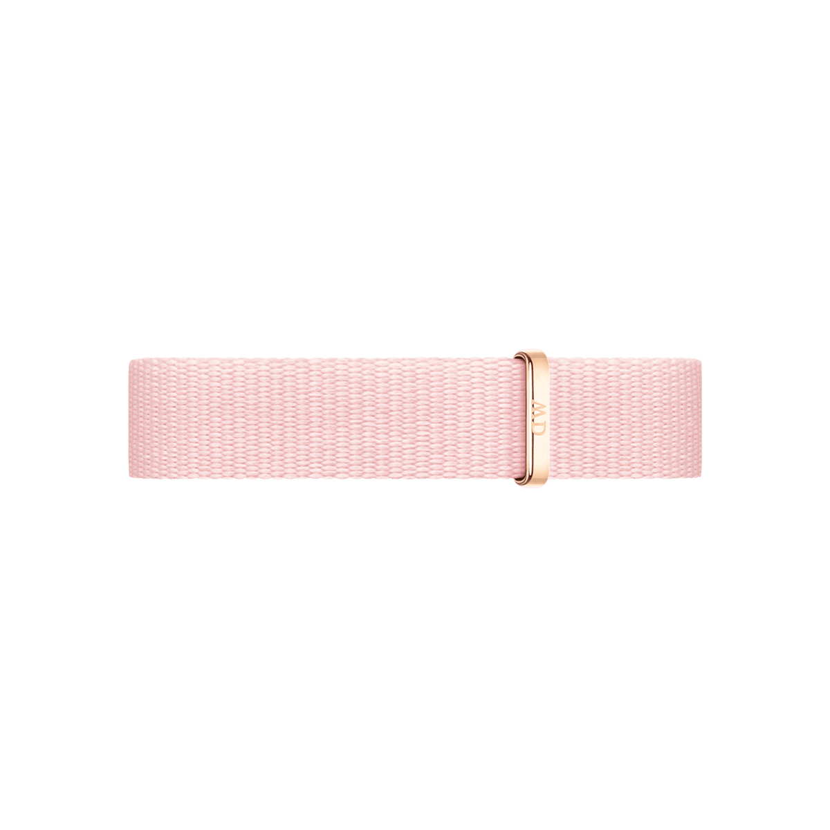 Rose gold watch strap with a pastel pink woven texture and elegant metal loop, made from recycled polyester.