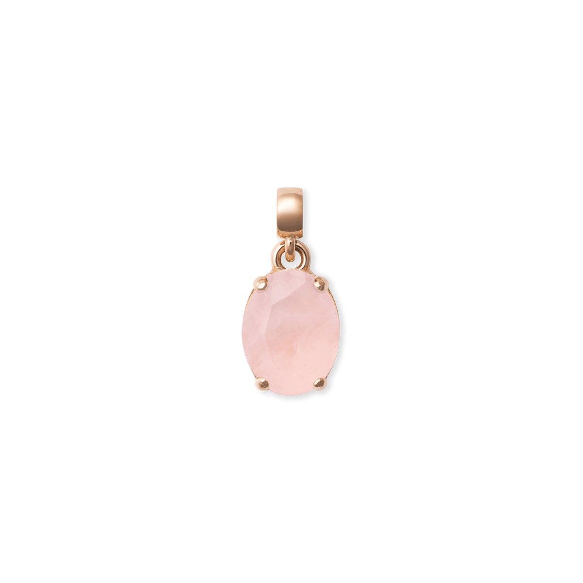 Oval, delicate pale pink rose quartz pendant in an elegant rose gold-coloured setting with a fine bail, ideal as a charm for a bracelet or necklace.