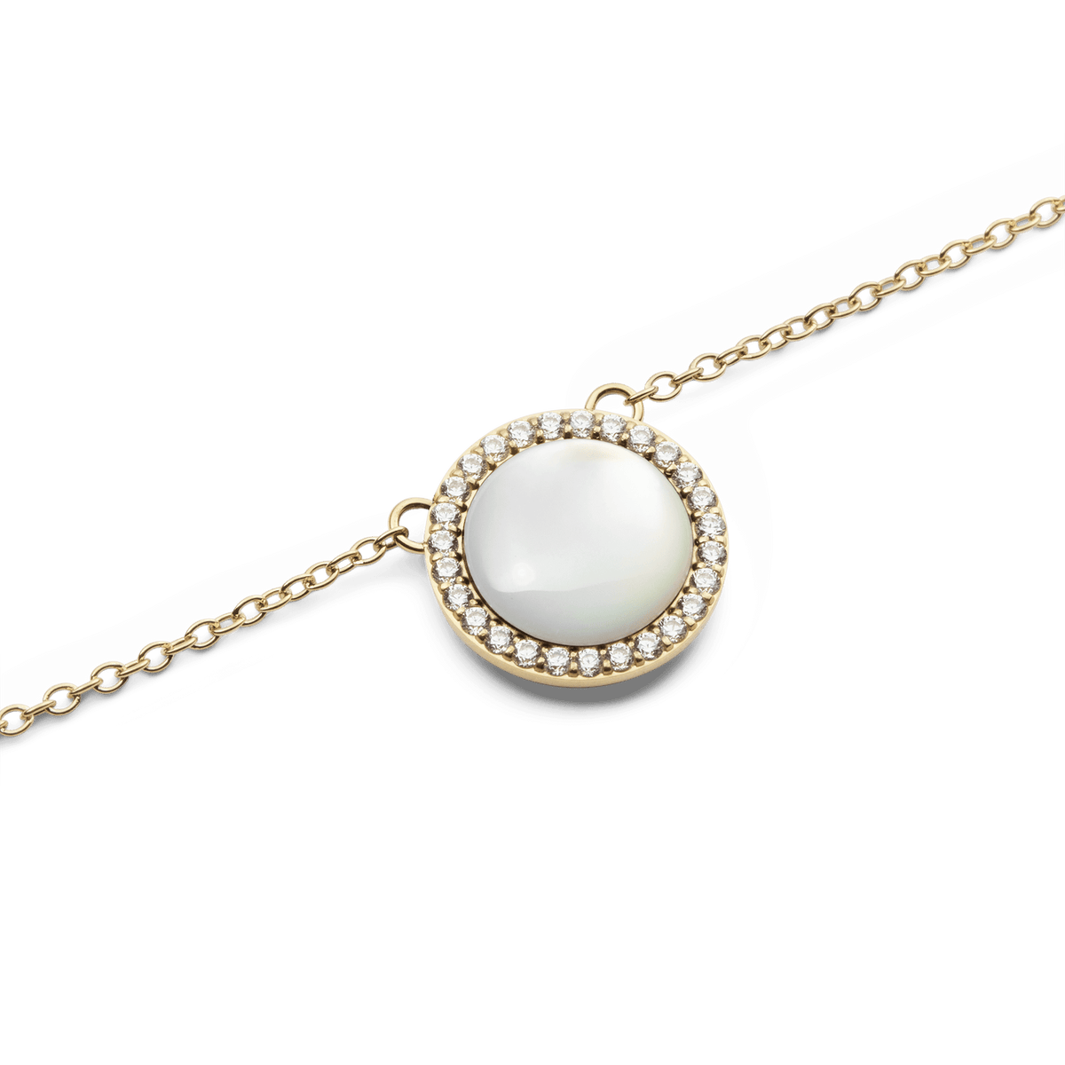 Close-up of a round mother-of-pearl pendant with sparkling white zirconia crystals on a delicate gold necklace from the Audrey Collection.