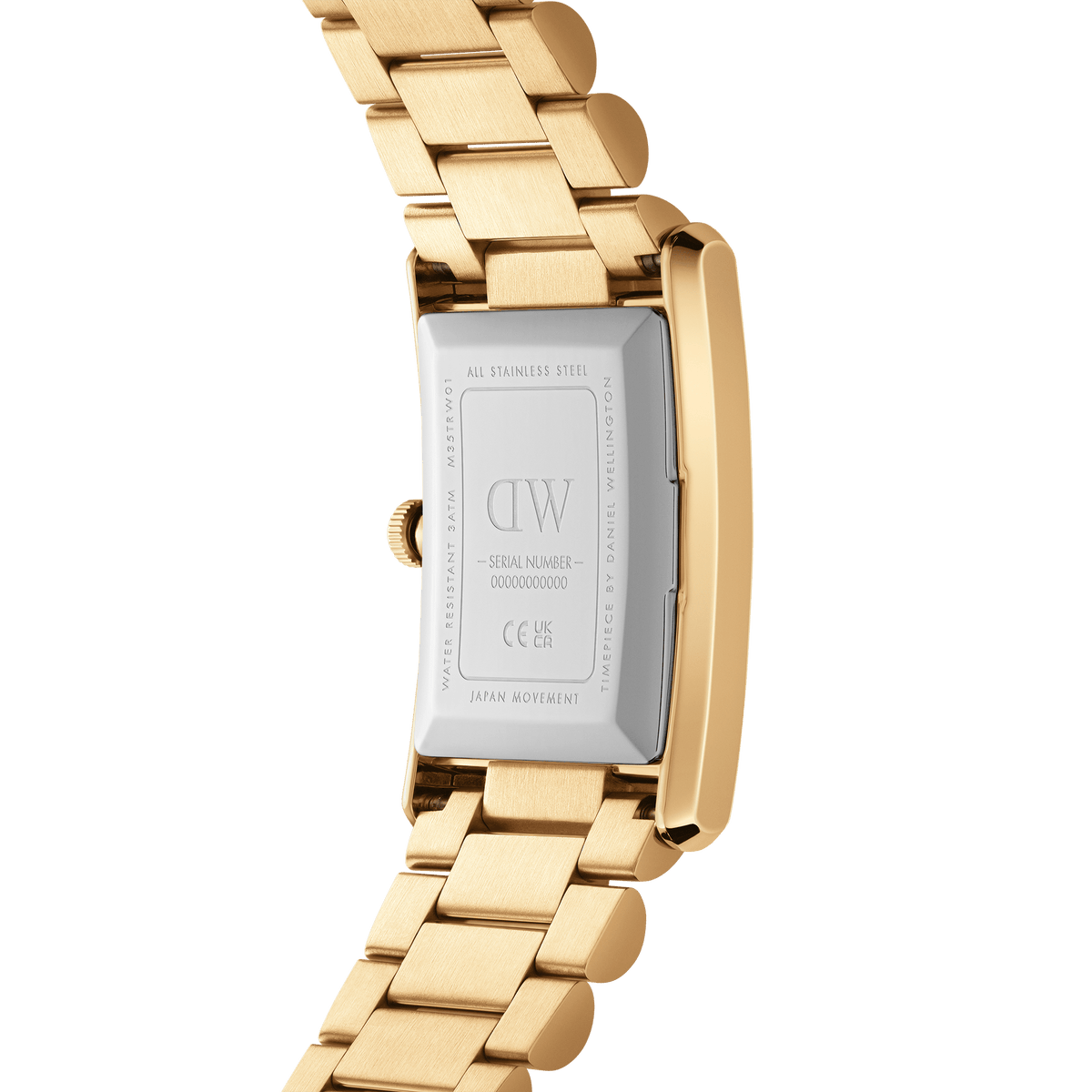 Back view of the Bound 3-Link Gold ladies' watch by Daniel Wellington with engraved stainless steel case back and gold-coloured 3-link bracelet.