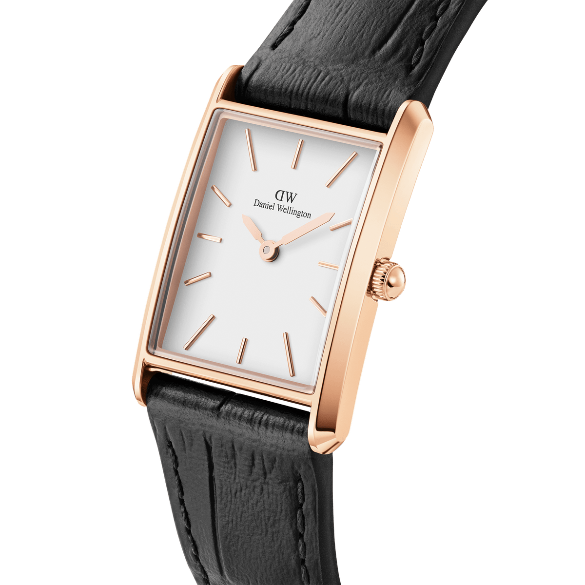 Close-up view of a rectangular ladies' watch with a rose gold case, white dial and black crocodile-embossed leather strap.