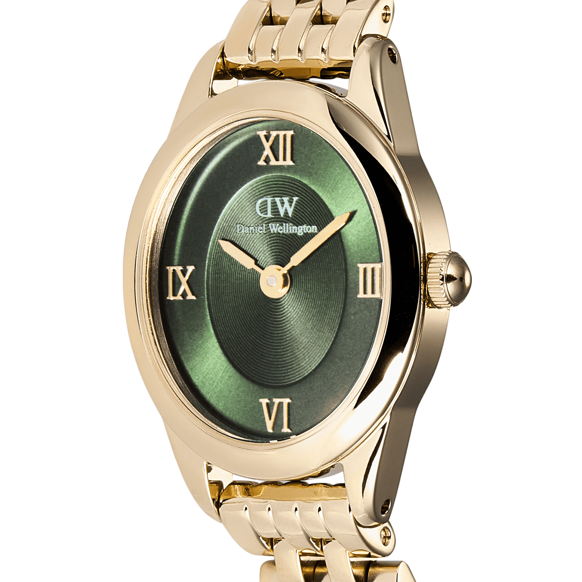Close-up view of the Daniel Wellington Ophelia Mini Emerald Gold with an oval, gold-coloured case and emerald green dial with gold Roman numerals.