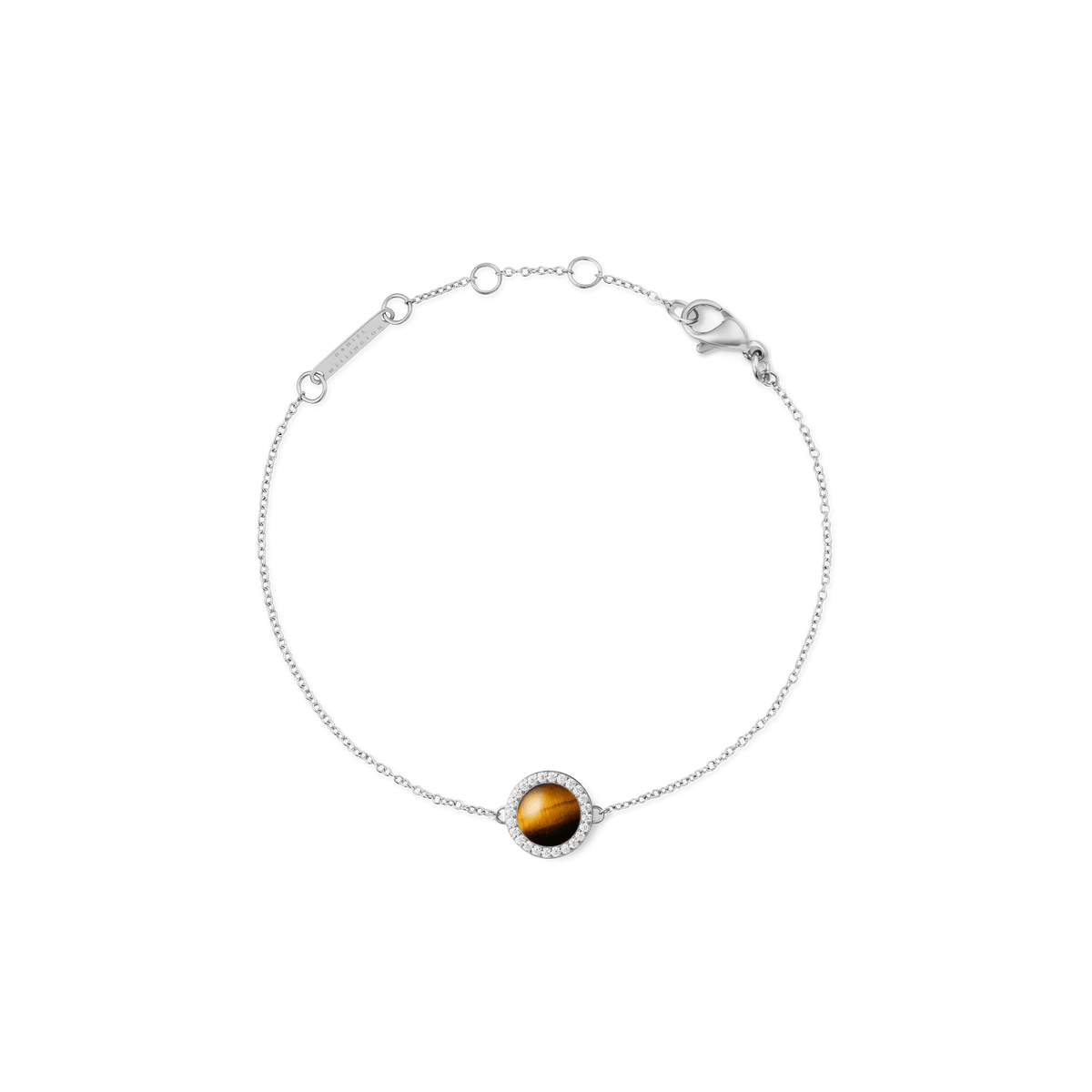 Pulsera Audrey de acero inoxidable plateado con piedra de ojo de tigre marrón dorado rodeada de circonitas blancas brillantes sobre fondo blanco