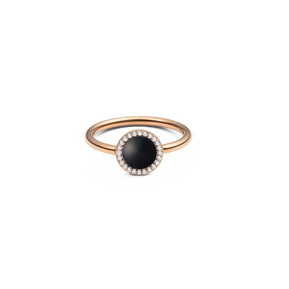Anello Audrey in acciaio inossidabile con placcatura oro rosa, impreziosito da un'agata nera centrale e una corona di cristalli bianchi in zirconia cubica.