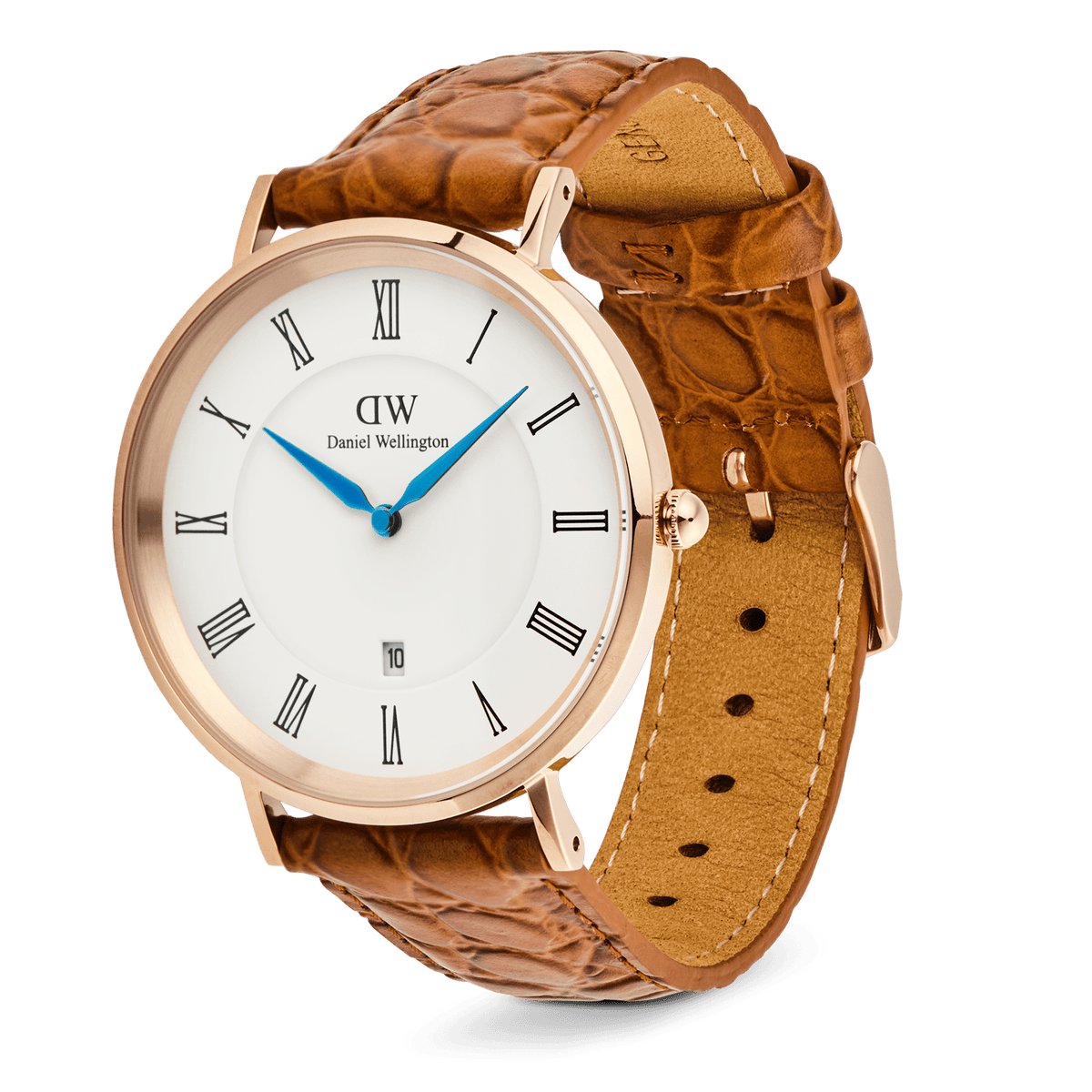Classic Roman Numerals Date Light Brown Croc Belly Rose Gold