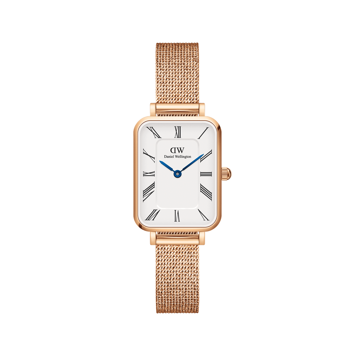 Rectangular ladies' watch in rose gold with a white dial, Roman numerals, blue hands and a fine stainless steel mesh strap.