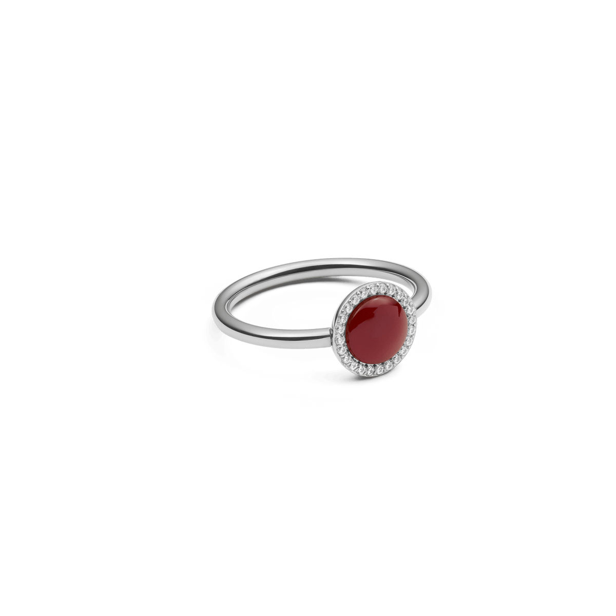 Audrey ring in silver with a round red agate as the centre stone, set with sparkling white zirconia crystals on a slim band.