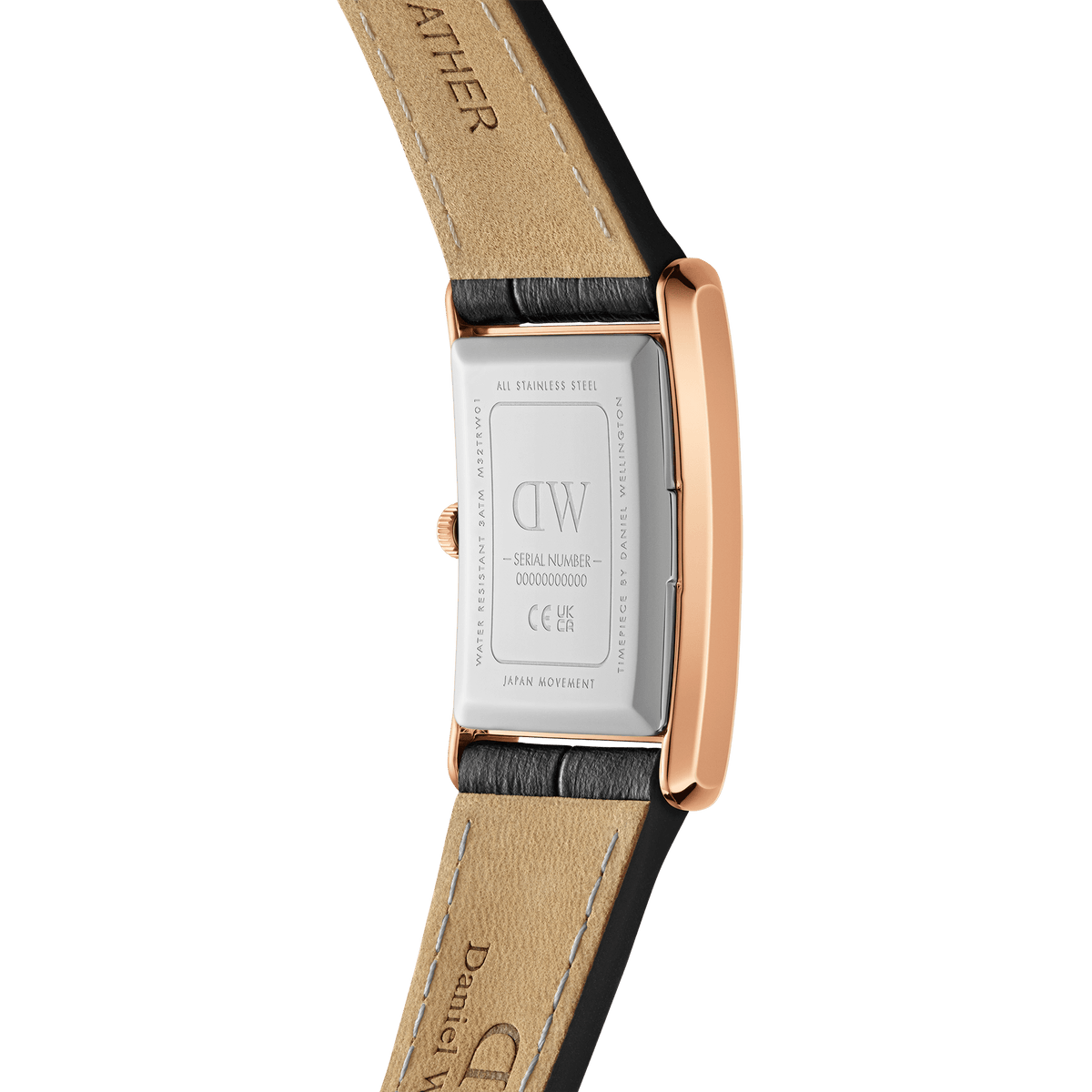 Back of the Bound Black Crocodile Rose Gold ladies' watch with engraved stainless steel case back and black leather strap with beige underside.