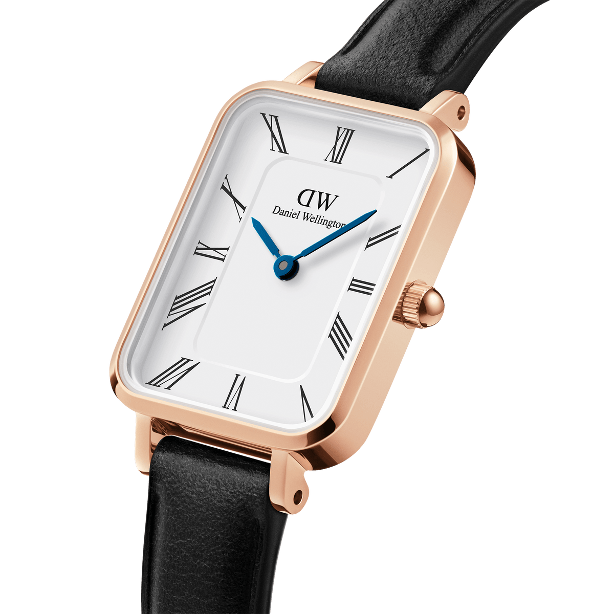 Close-up view of the Quadro Roman Numerals Sheffield Rose Gold with a rectangular rose gold case, white dial, Roman numerals, blue hands and black leather strap.