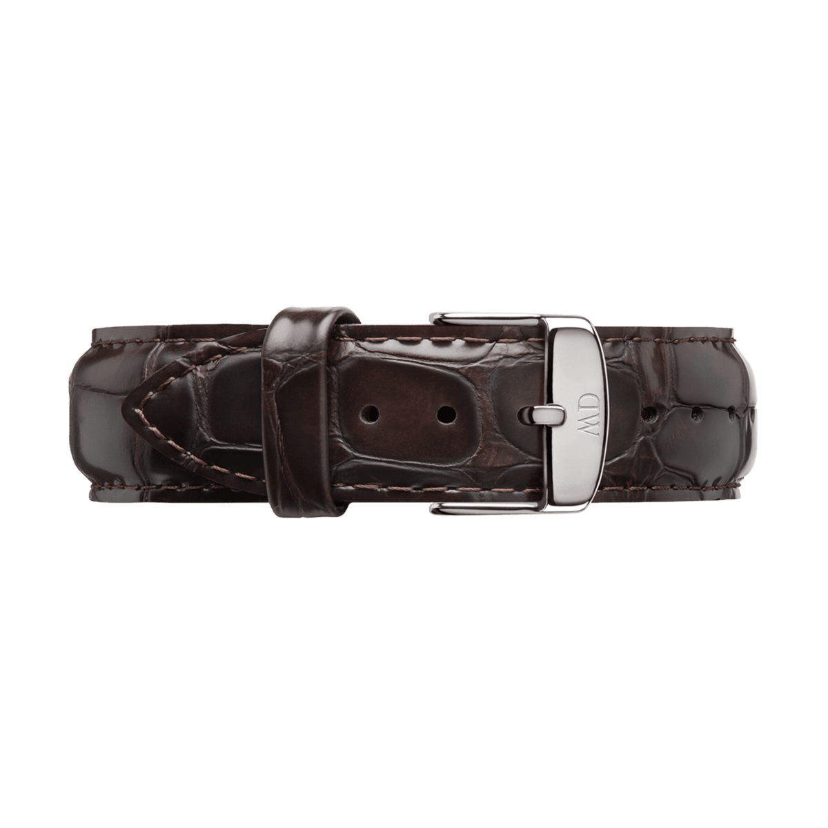 York leather strap in dark brown with glossy crocodile embossing and silver pin buckle, suitable for elegant watches.