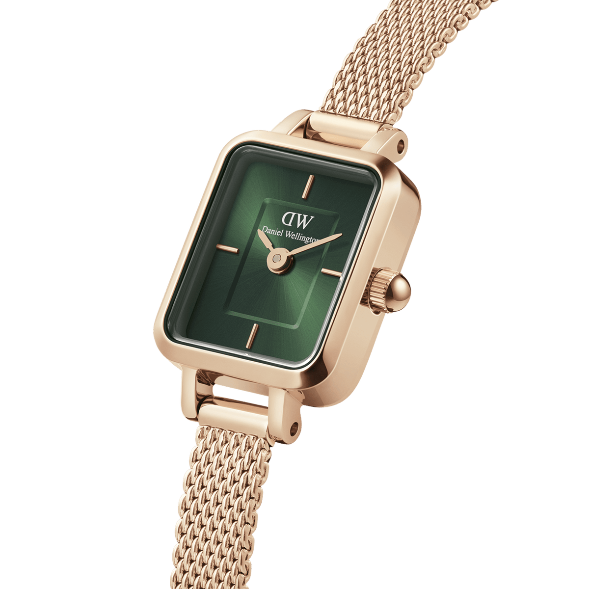 Rectangular women's watch Quadro Mini Melrose Emerald with emerald green sunray dial, rose gold stainless steel case, and delicate mesh strap.