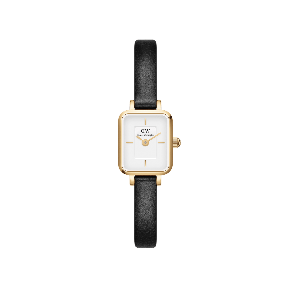 Elegant women's watch with a rectangular, gold-coloured case, white dial, and slim black leather strap.