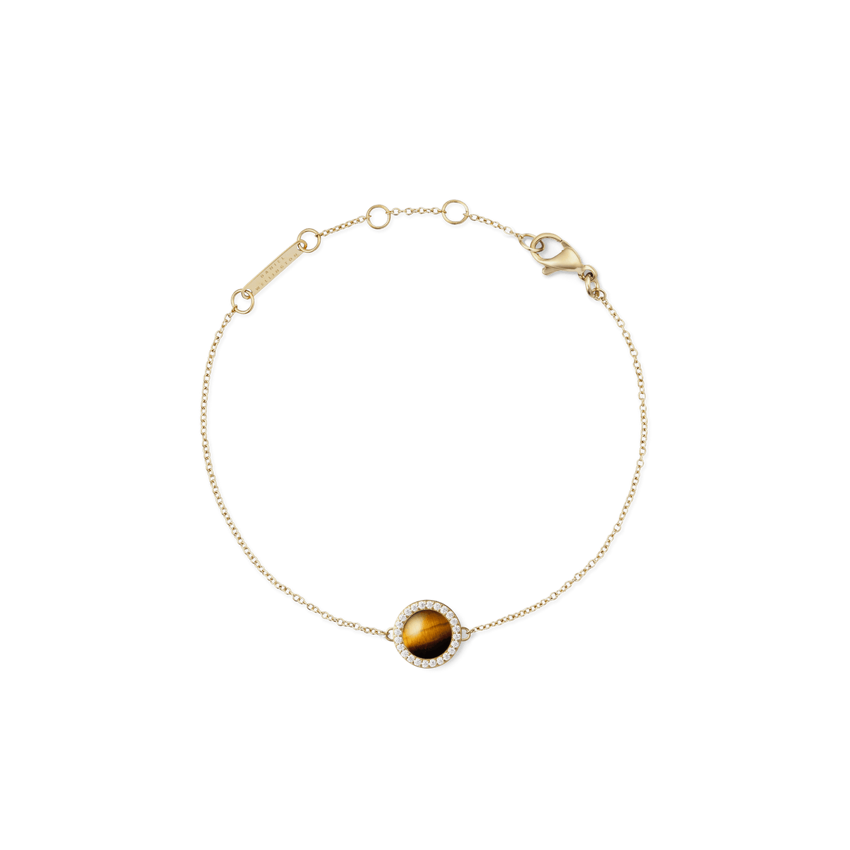 Pulsera Audrey Bracelet Tiger Eye Gold con piedra de ojo de tigre natural rodeada de circonitas blancas en un diseño de aro dorado sobre fondo blanco