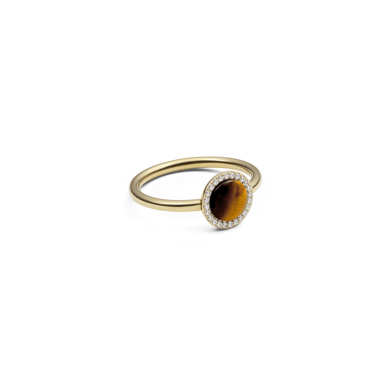 Delicate gold ring from the Audrey Collection with an oval tiger’s eye stone and surrounding white zirconia crystals.
