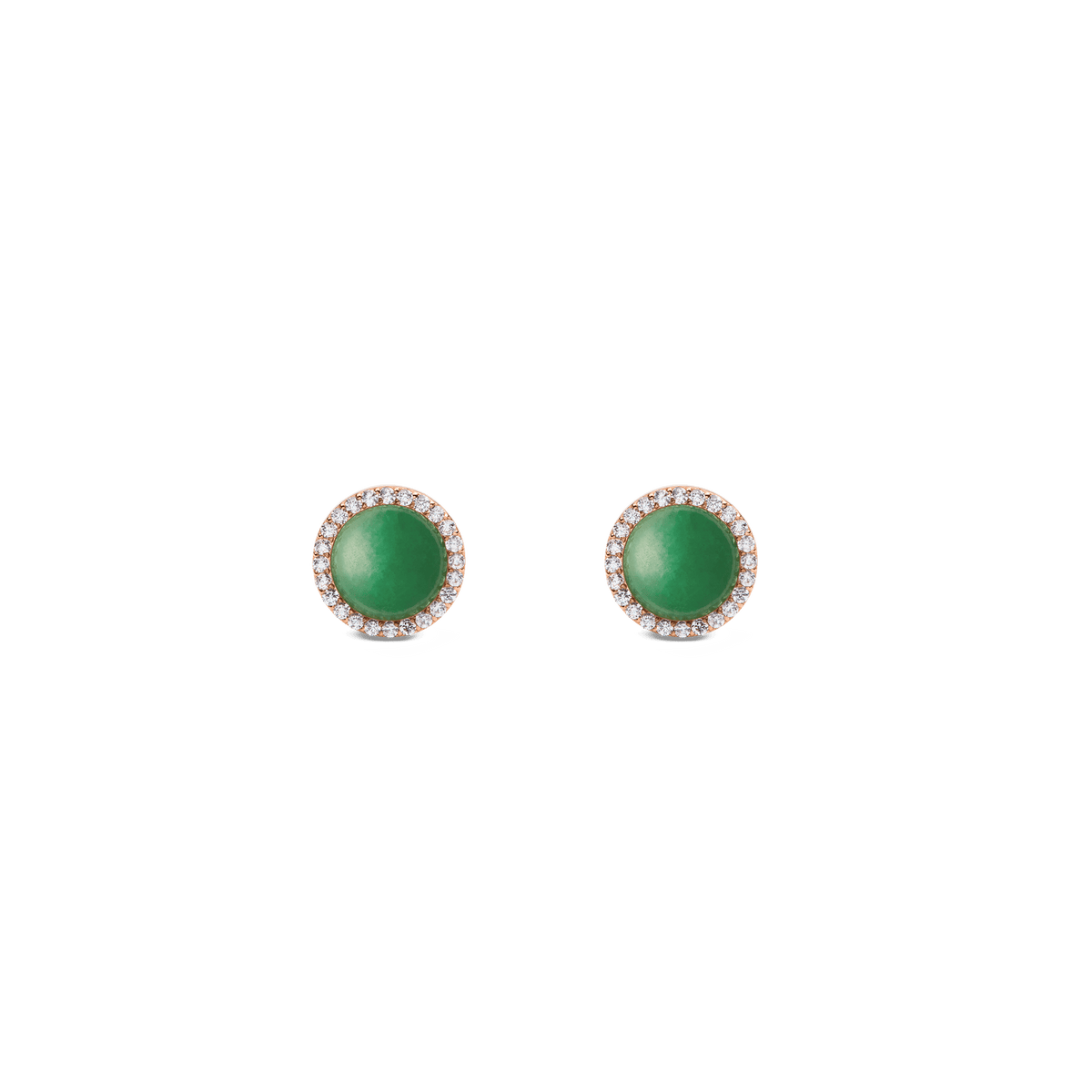 Pendientes de botón con jade verde natural rodeado de circonitas blancas y acabado en oro rosa sobre fondo blanco