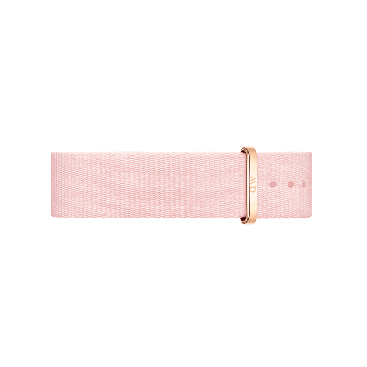 Pastel pink NATO watch strap made from recycled polyester with a rose gold loop and fine woven texture.