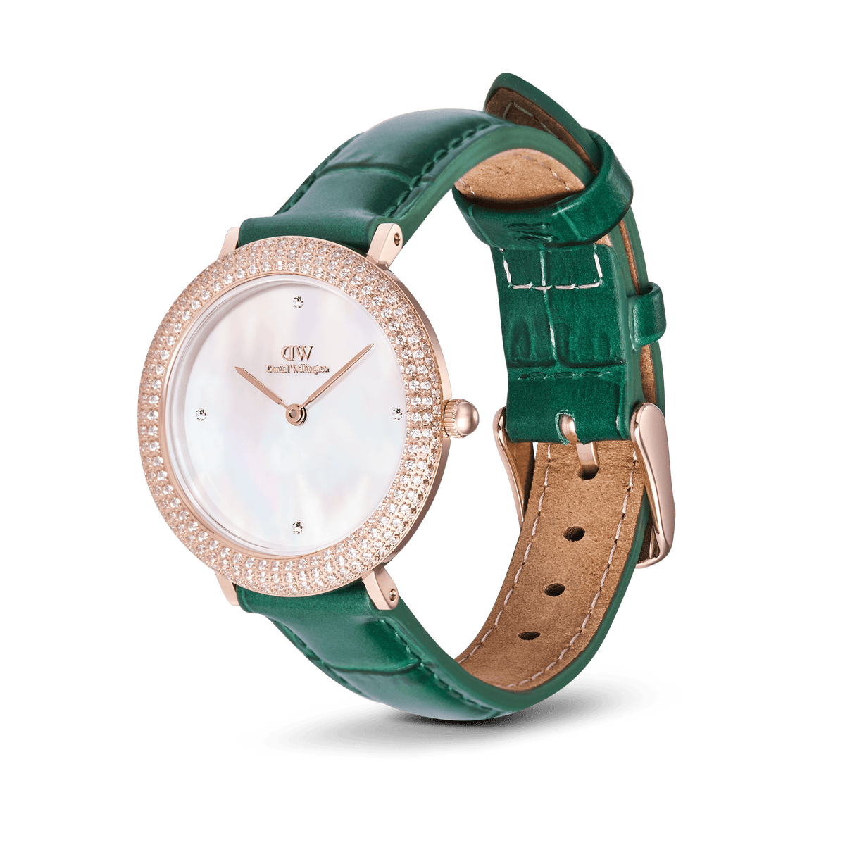 Ladies' watch with green leather strap, rose gold case, shimmering mother-of-pearl dial and sparkling zirconia-set bezel, shown from the side.