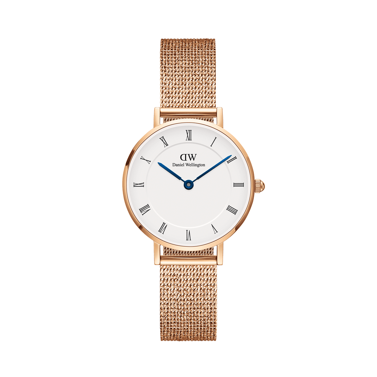 Elegant women's watch in rose gold with a white dial, Roman numerals, blue hands and a fine mesh strap.