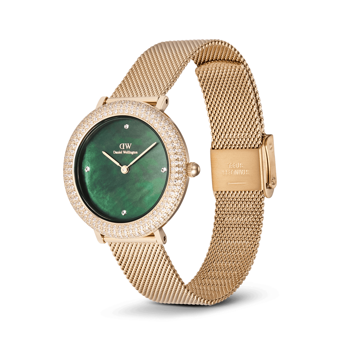 Golden ladies' watch with green mother-of-pearl dial, sparkling zirconia bezel, and fine mesh strap in a side view.