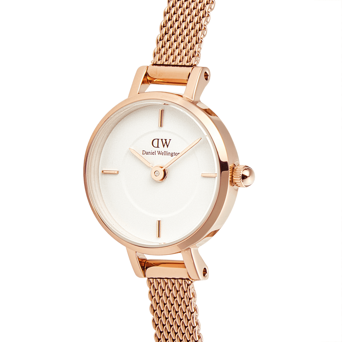 Detailed view of the Petite Mini Melrose women's watch with round case in rose gold, white dial, and delicate mesh strap.