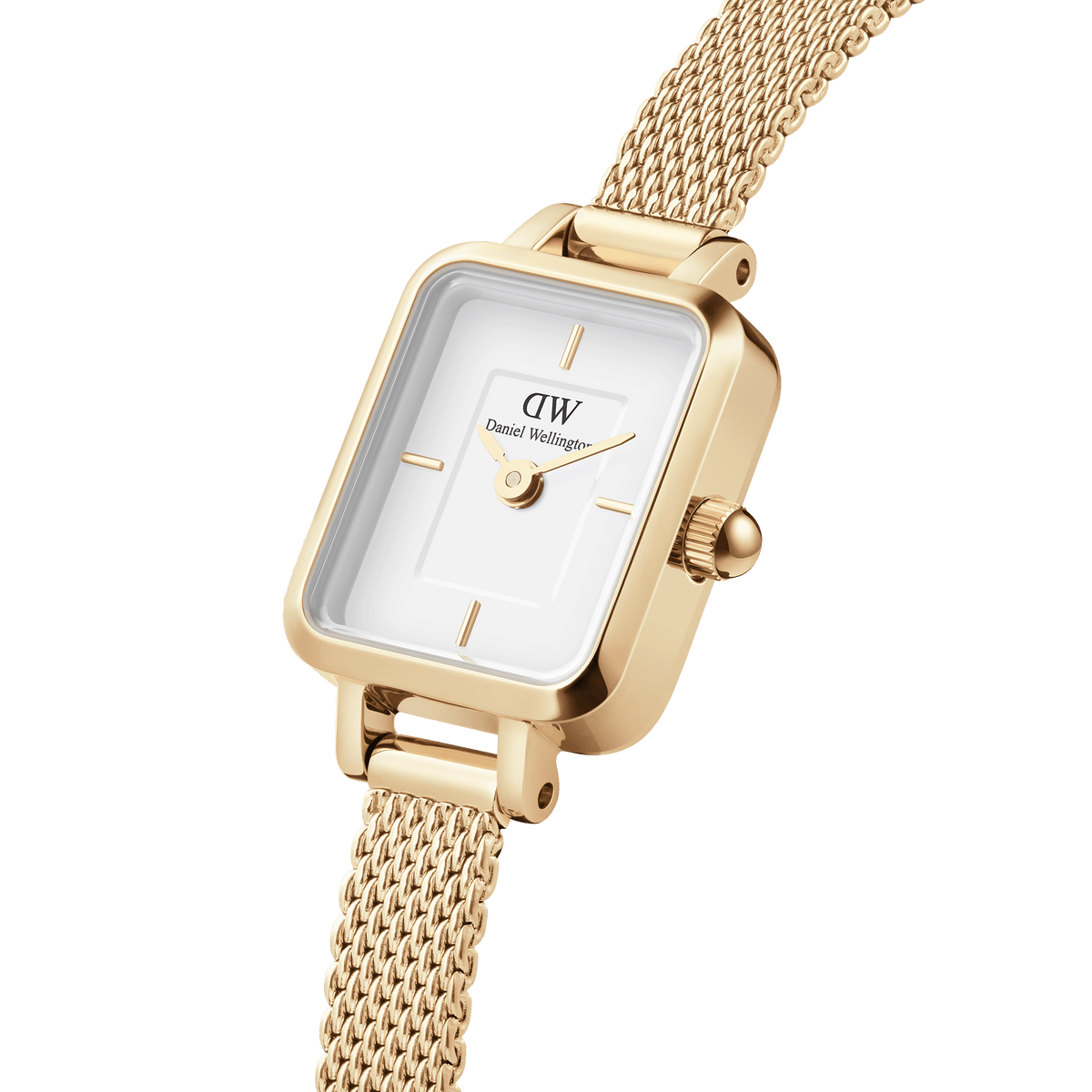 Close-up view of the Quadro Mini Evergold women's watch with a rectangular gold case, white dial, and delicate mesh strap.
