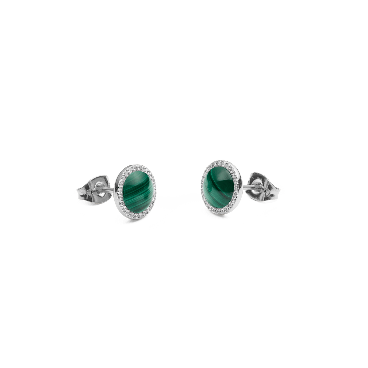 Audrey stud earrings in silver with a round green malachite stone and a delicate zirconia halo, shown from a side perspective.