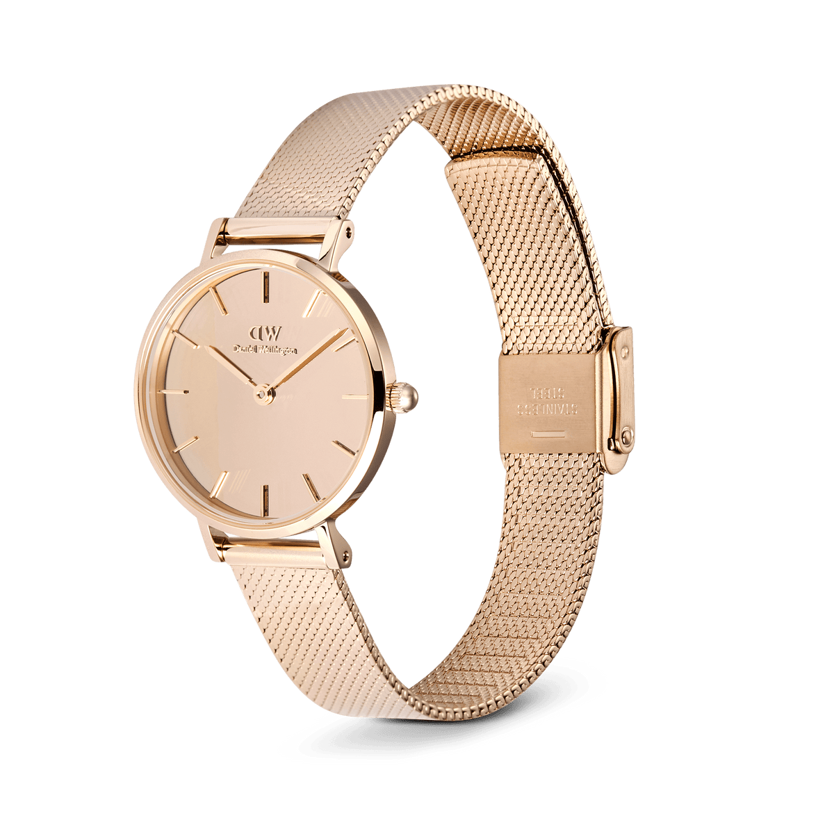 The Petite Reflection Rose Gold women's watch features a round mirrored dial, a slim 28 mm case, and a finely crafted mesh strap made of rose gold-coloured stainless steel.