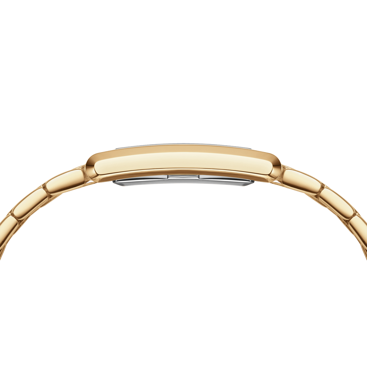 Side view of the Bound 9-Link Gold ladies' watch with a slim, rectangular case and gold-coloured stainless steel bracelet.