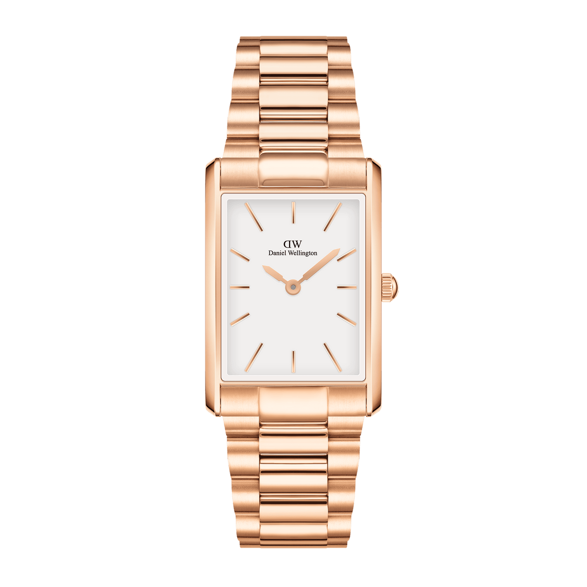 Elegant women's watch in rose gold with a rectangular case, white dial and 3-link stainless steel bracelet from the Iconic Link collection by Daniel Wellington.
