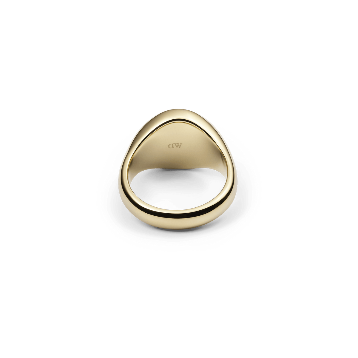 Inside of a classic gold stainless steel signet ring with a subtle Daniel Wellington logo and a high-quality, polished finish.