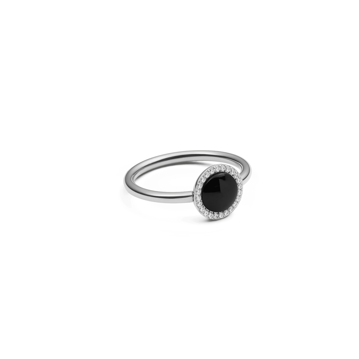 Silver ring with a round black agate centre stone, surrounded by a delicate pavé halo of white zirconia crystals, in a modern, minimalist design.