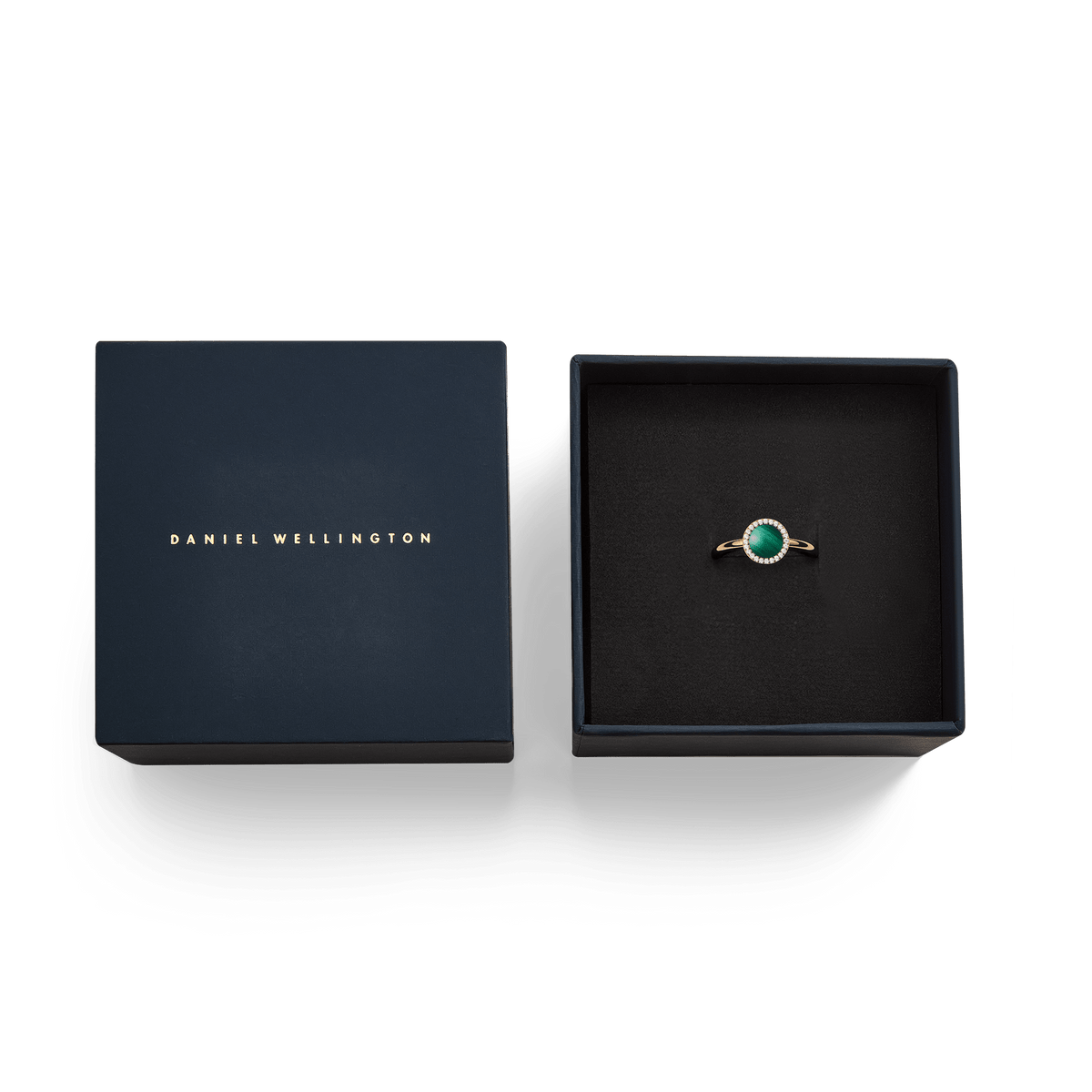 Audrey Malachite Rose Gold ring in an elegant dark blue Daniel Wellington gift box with gold lettering.