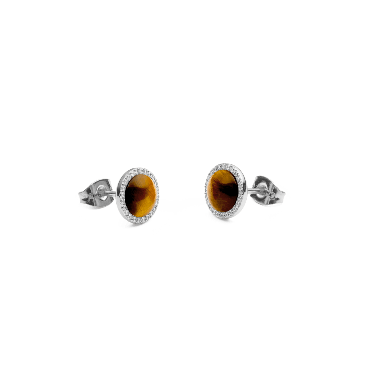 Audrey stud earrings in silver with an oval tiger's eye stone and a delicate zirconia crystal border, designed in a minimalist and elegant style.