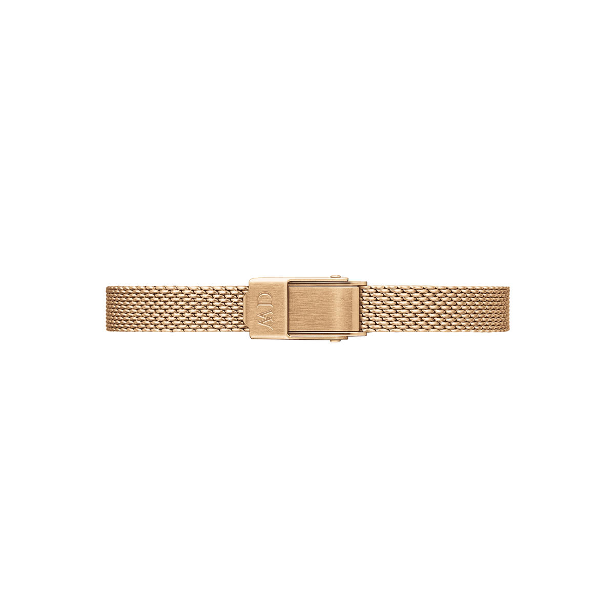 Rose gold mesh strap of the Quadro Mini Melrose Emerald with elegant clasp and fine link structure.