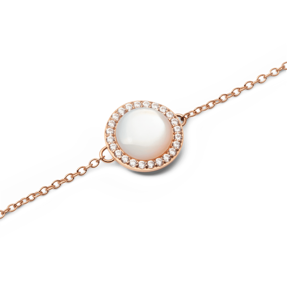 Close-up view of the Audrey bracelet in rose gold with a round mother-of-pearl element, surrounded by a delicate row of white cubic zirconia crystals on a fine chain.